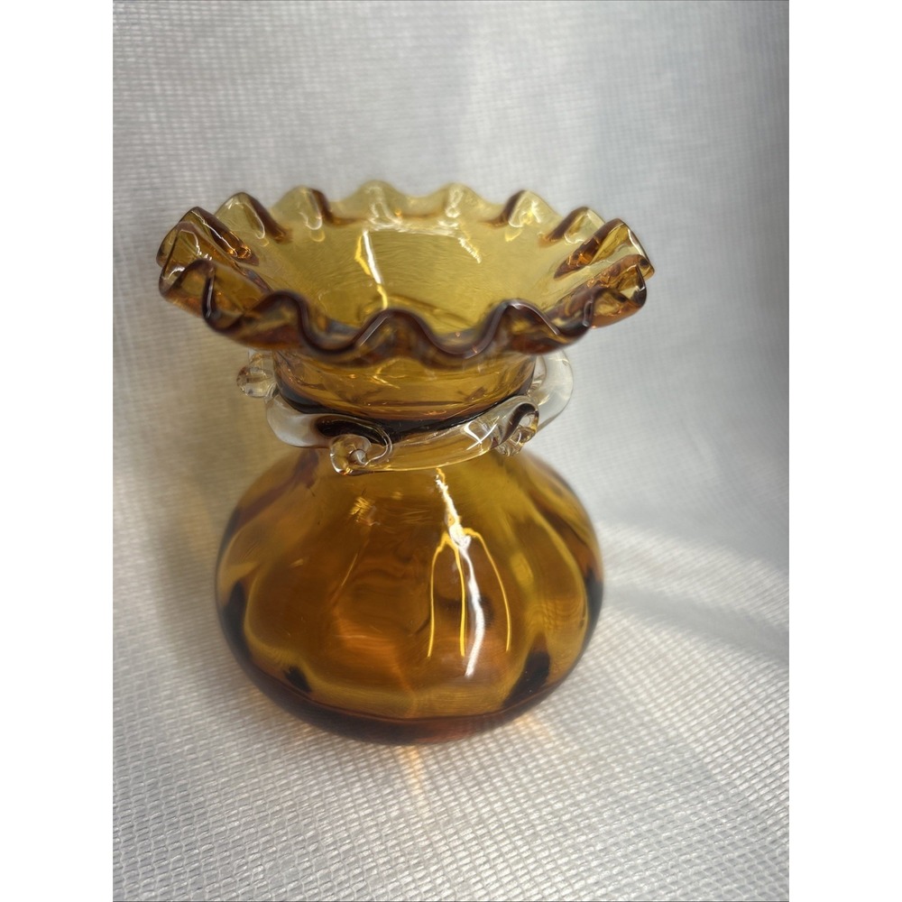 Vintage Hand Blown Amber Glass Vase, Small Bud, Ruffle Edge With Rigaree Collar